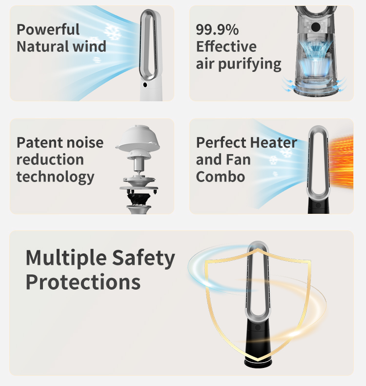 3 in 1 cool heat air purifier fan smart bladeless tower fan with air purifier