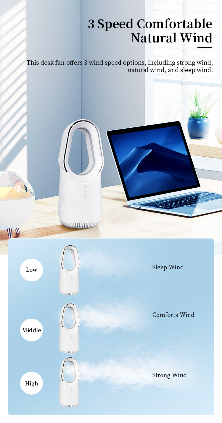 Small Bladeless Desk Fan Rechargeable table fan with Night Light Touch Control