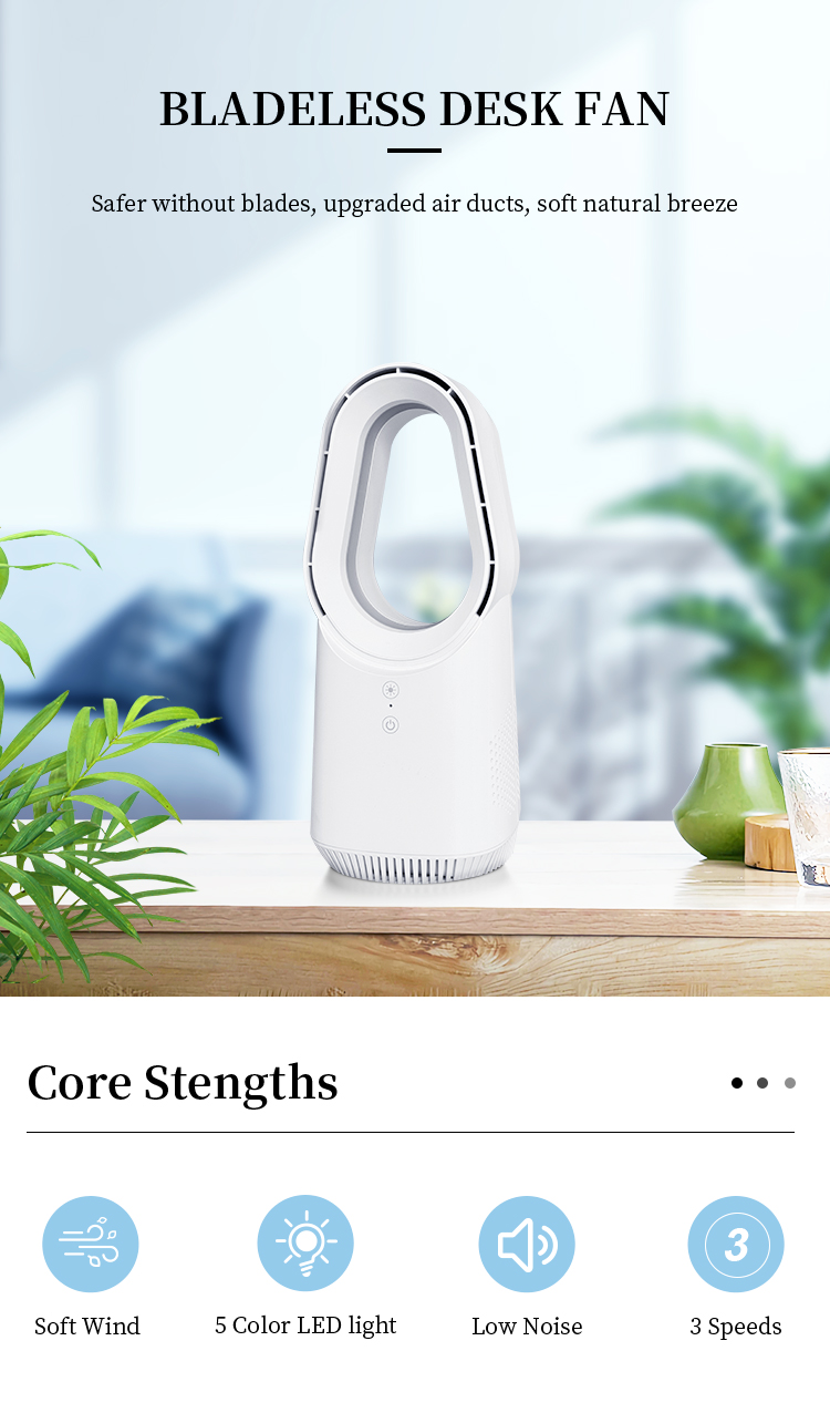 Small Bladeless Desk Fan Rechargeable table fan with Night Light Touch Control