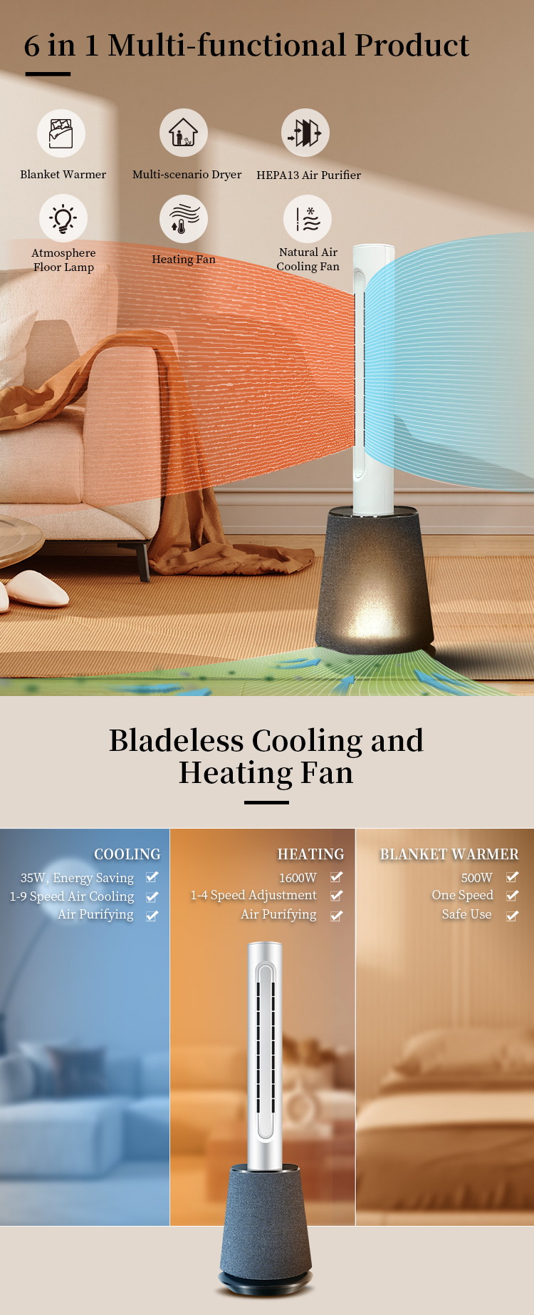 3 in 1 Air Purifier fan Cooling and Heating Smart Bladeless Tower Fan