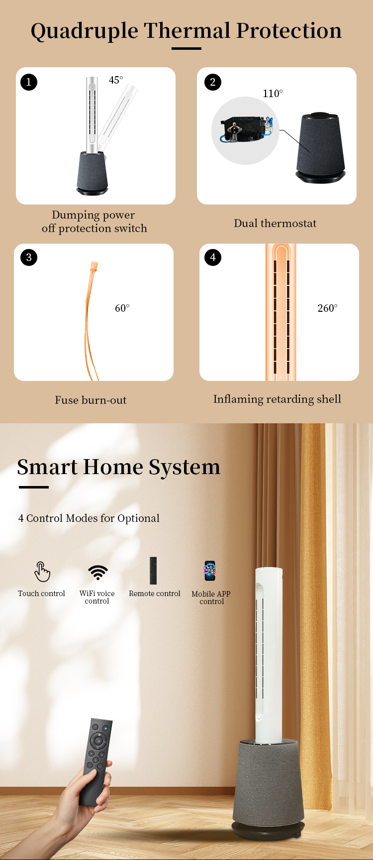3 in 1 Air Purifier fan Cooling and Heating Smart Bladeless Tower Fan