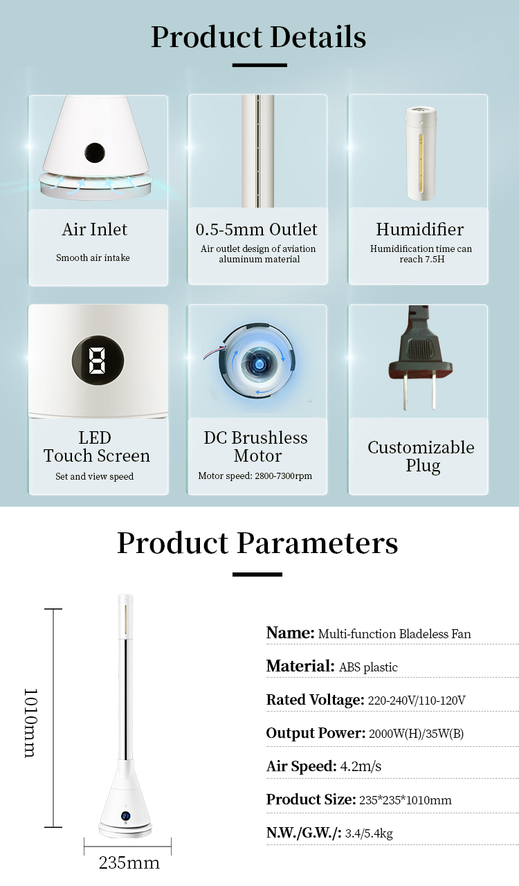 3 in 1 Smart Cooling Bladeless Tower Ptc Fan Heater With Air Humidifier