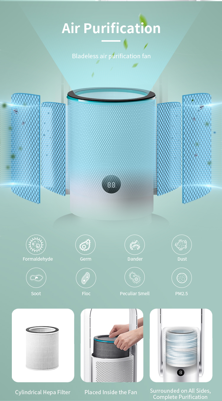 Air Humidifier and Purifier Fan Hepa Filter Air Purifier Bladeless Fan